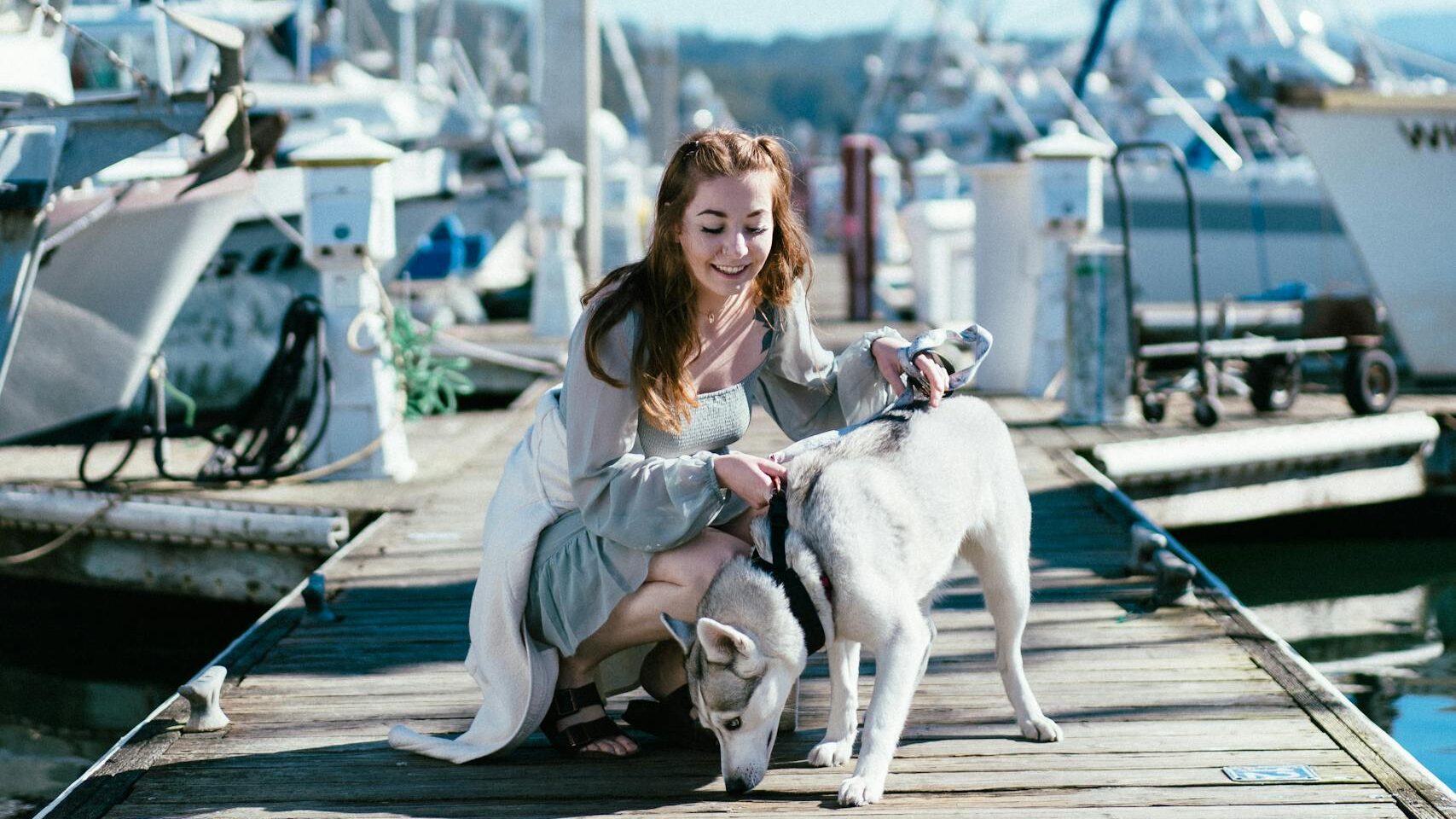 A woman enjoying a sunny day on a marina dock with her dog surrounded by sailboats.