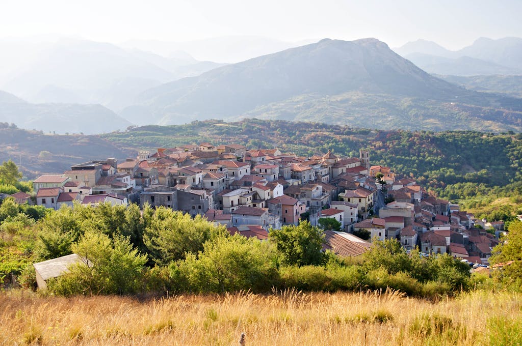 Picturesque aerial view of Santa Domenica Talao, nestled in Calabria's mountains.