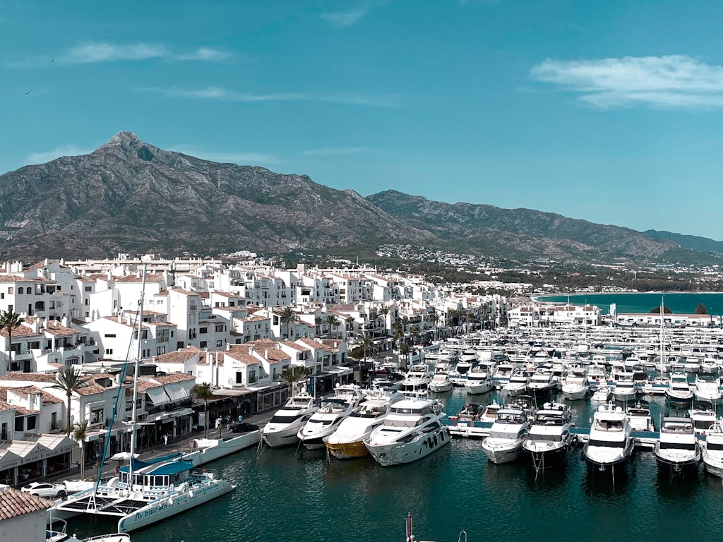 Aerial view of Marbella marina with many yachts and a picturesque mountain backdrop.
